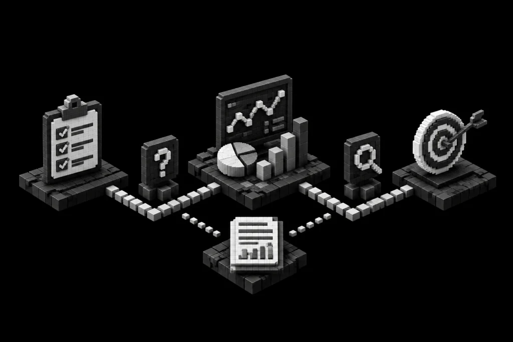 Rappresentazione del ciclo di analisi dei dati e miglioramento continuo, con attività di monitoraggio KPI, reporting, insight generation e ottimizzazione delle strategie, finalizzate al raggiungimento degli obiettivi di business.