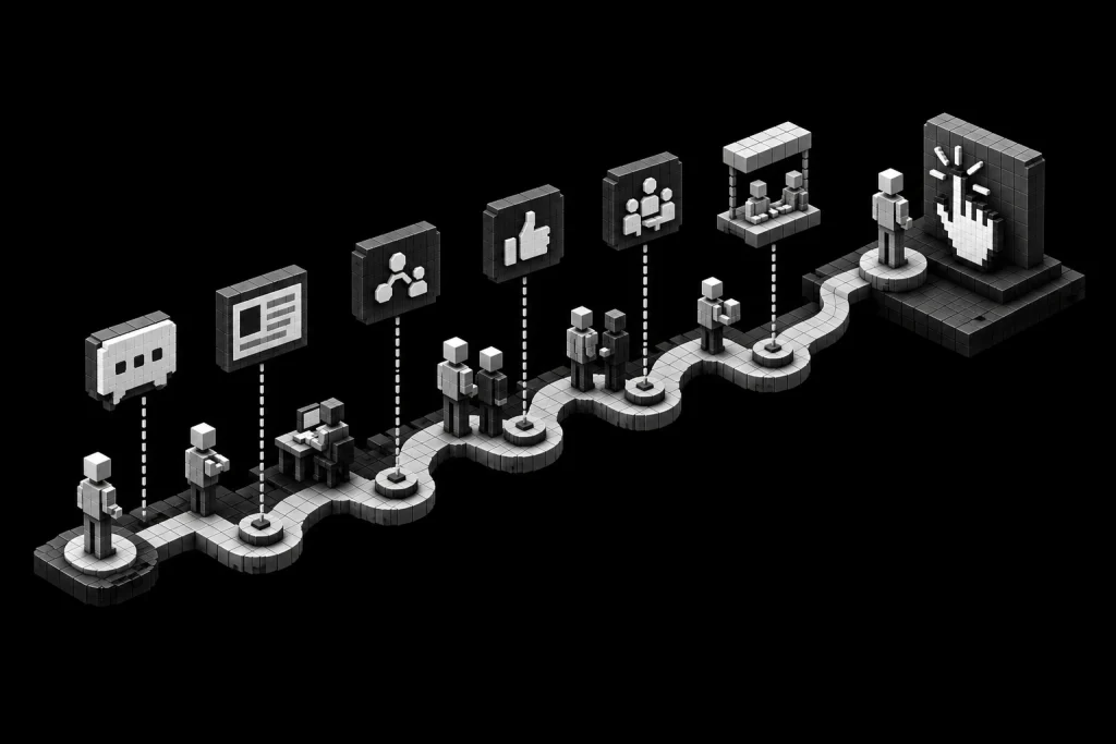 Rappresentazione del customer journey omnicanale, con i principali touchpoint digitali che guidano utenti e clienti dalla scoperta del contenuto all'engagement, alla partecipazione della community e alla conversione finale.