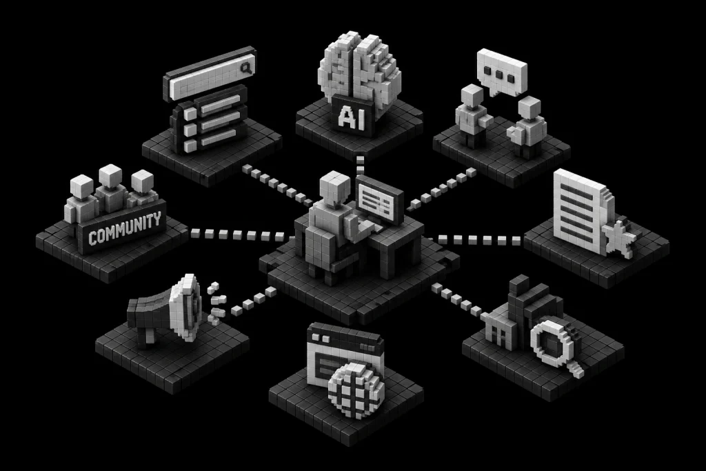 Grafica 3D che mostra un professionista collegato a strumenti di intelligenza artificiale, community, contenuti online e canali di ricerca indipendenti. L'illustrazione rappresenta il percorso di informazione autonomo dei buyer B2B, che utilizzano AI generativa e fonti esterne per valutare fornitori e soluzioni prima di entrare in contatto con un'azienda.