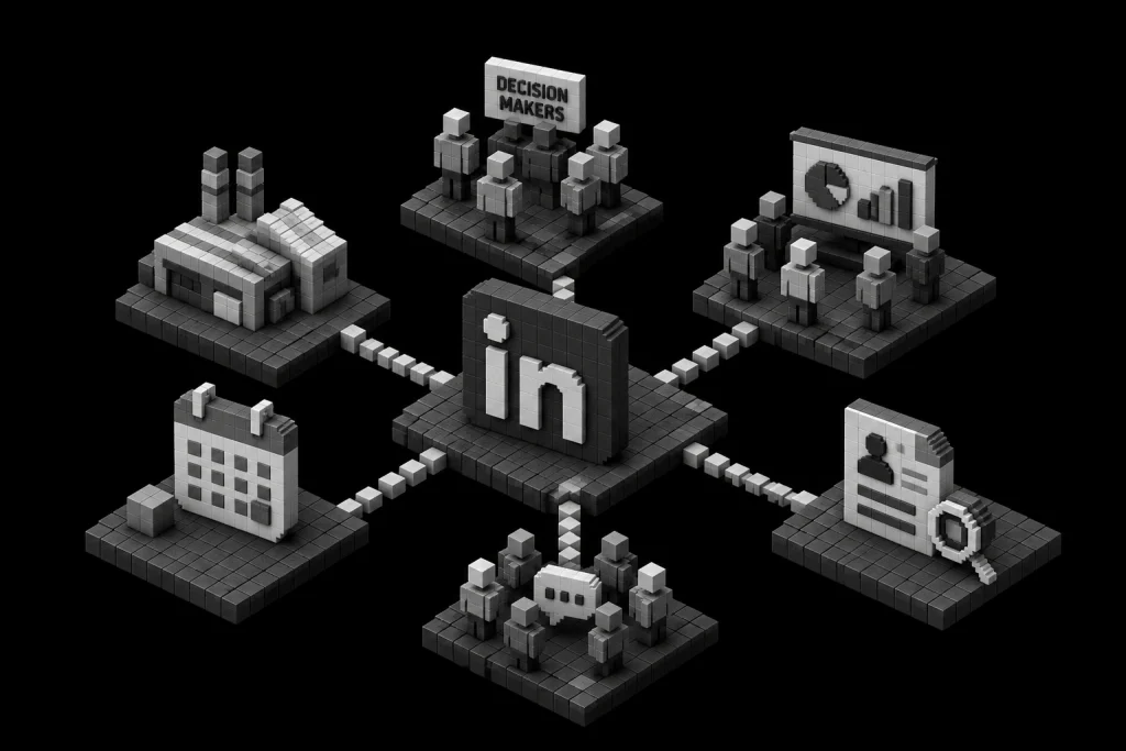 Rappresentazione dell'ecosistema LinkedIn per il business networking, con collegamenti tra leadership aziendale, analisi delle performance, gestione dei talenti, eventi professionali e attività di engagement. L'illustrazione mostra come la piattaforma supporti la costruzione di relazioni strategiche e la generazione di opportunità commerciali.